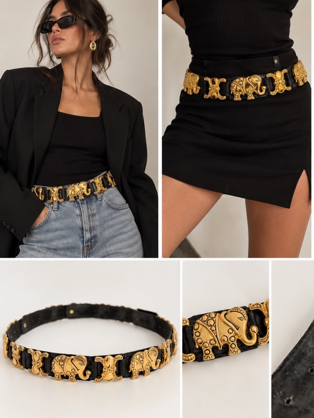 Vintage Gold Elephant Black Textured Link Belt